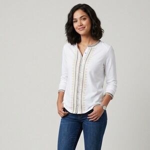 Lolita Embroidered Button Through Top Size M White Long Sleeve Boho Cotton